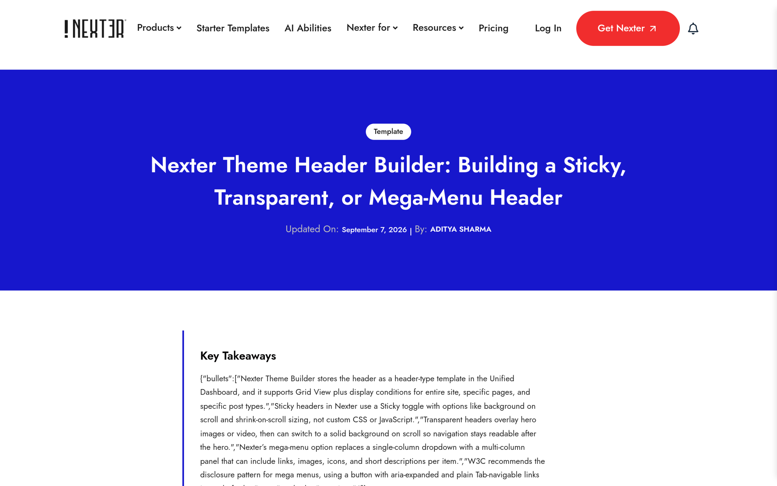 Nexter Theme Header Builder live documentation page screenshot