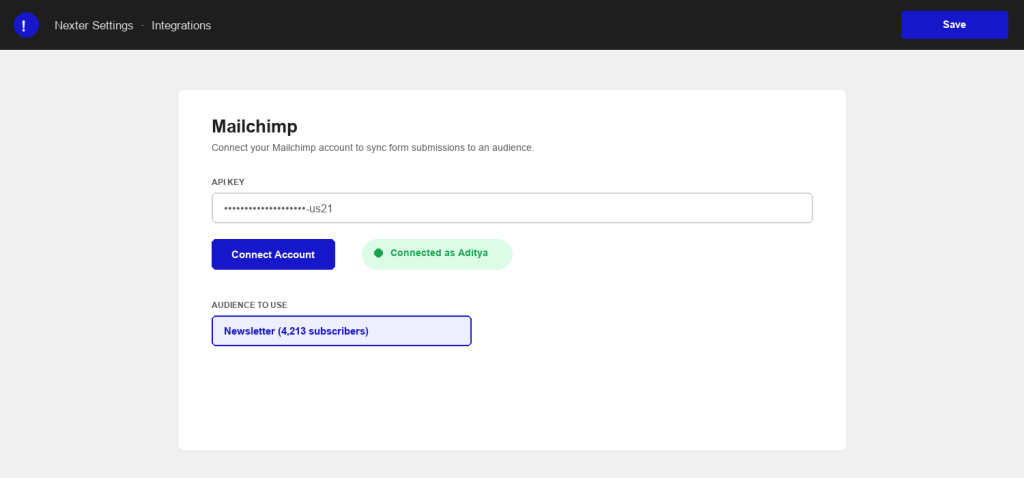 Custom mockup of connecting a Mailchimp account with an API key inside Nexter settings