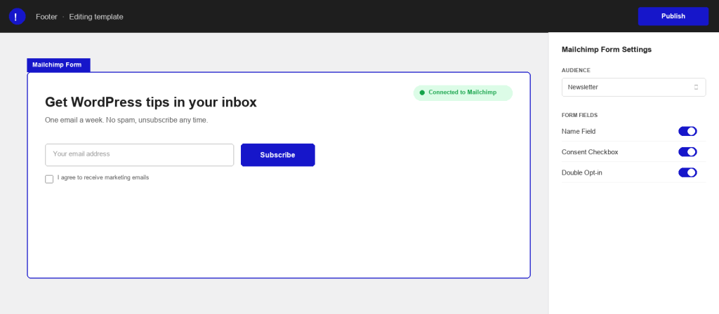 Custom mockup of the Mailchimp Form block in the Nexter editor, connected and rendering a live signup form