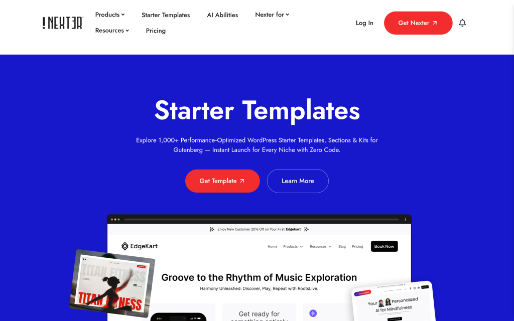 Nexter starter templates library with 1000+ pre-designed website kits