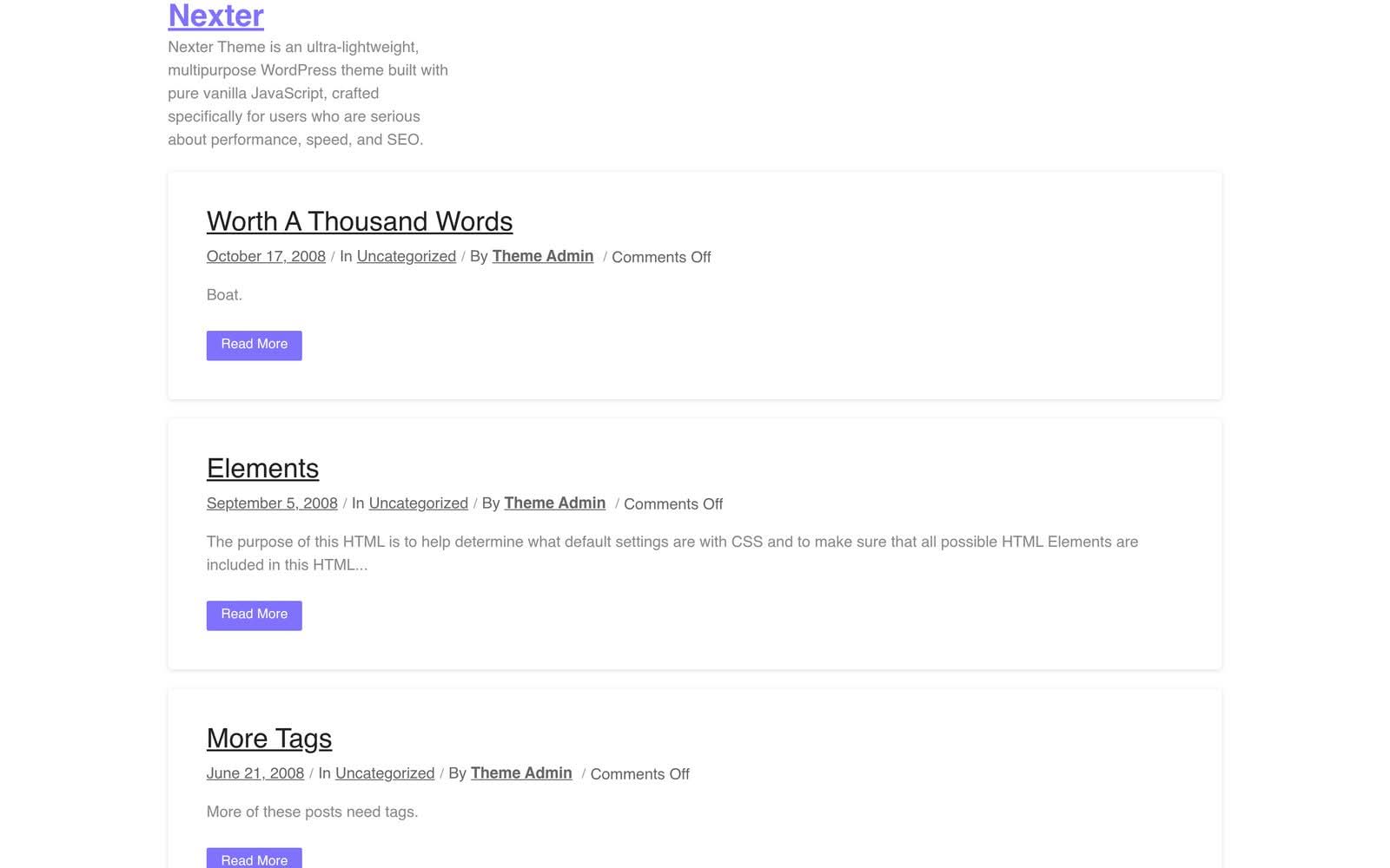 The Nexter theme preview page on wp-themes.com used in this benchmark