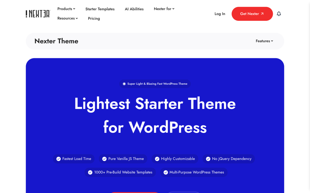Nexter Theme product page showing Global Styles, Grid View, and template builder features