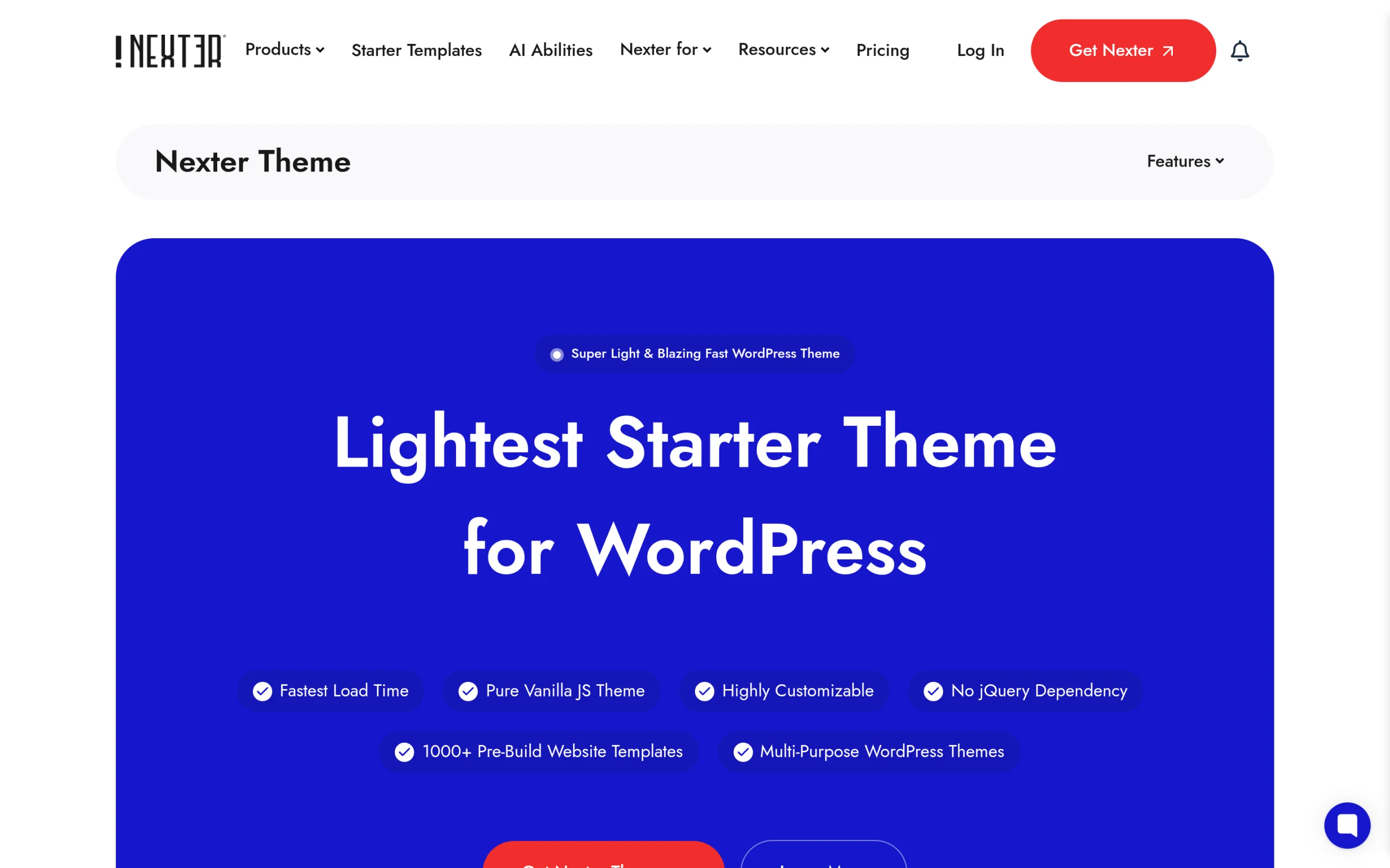 Nexter Theme product page hero reading Lightest Starter Theme for WordPress with badges for vanilla JS and no jQuery dependency