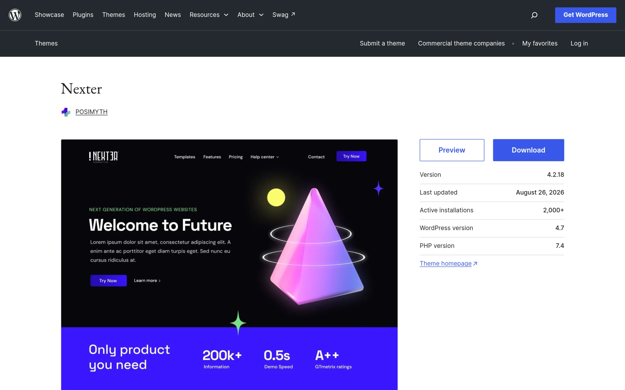 Nexter theme listing on WordPress.org showing version 4.2.18, last updated August 26, 2026, 2,000+ active installations and PHP 7.4
