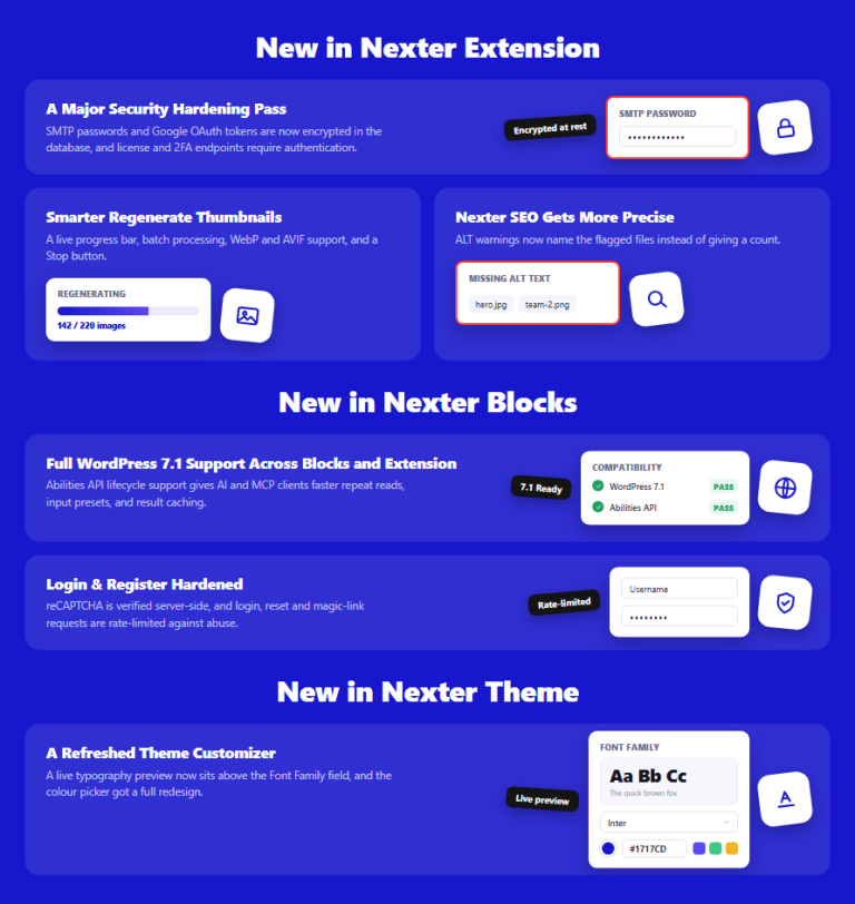 New in Nexter for August 2026: security hardening, WordPress 7.1 support, smarter regenerate thumbnails, precise SEO ALT warnings, hardened login and register, and a refreshed theme customizer