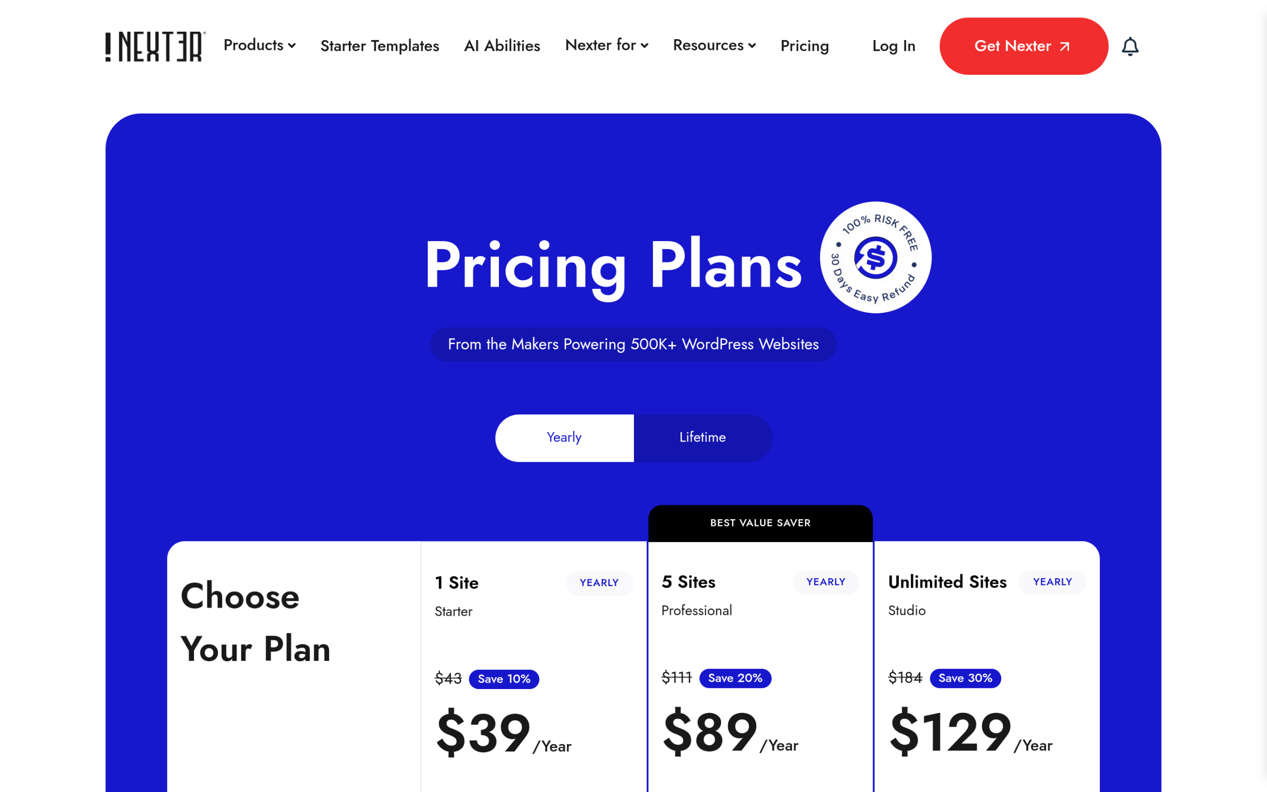 NexterWP pricing page live screenshot showing Starter, Professional, and Studio tiers