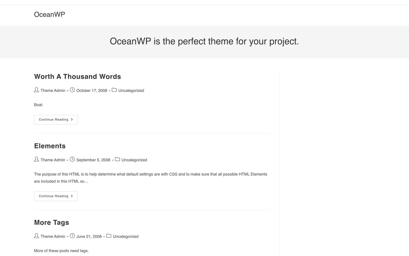 The OceanWP theme preview on wp-themes.com, the heaviest theme measured in this benchmark