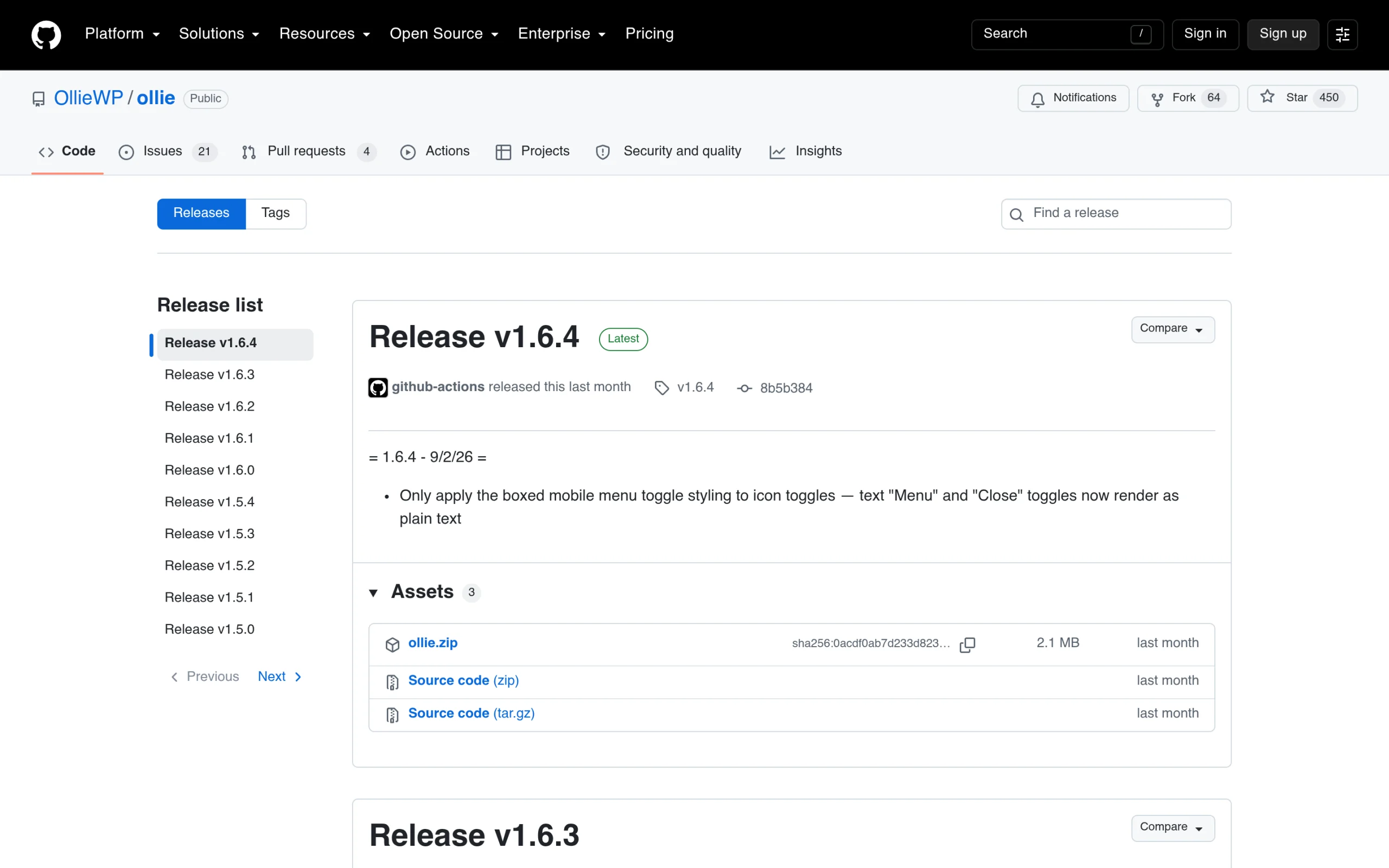 Ollie GitHub releases page showing release v1.6.4 dated 9/2/26 with a changelog note about mobile menu toggles