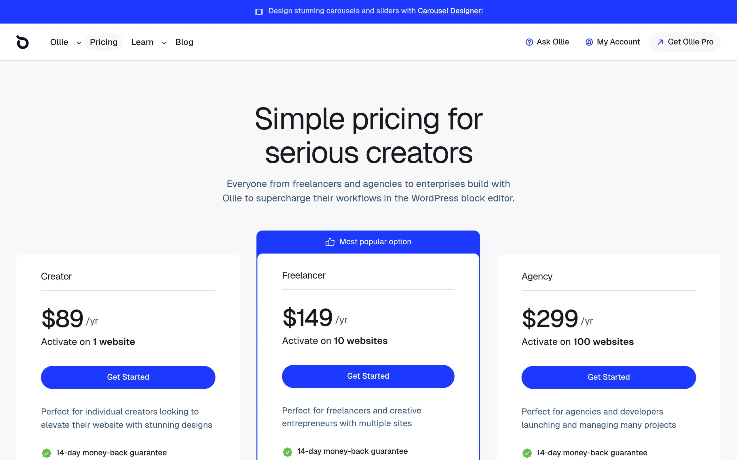 Ollie Pro pricing page with Creator at $89 per year for 1 website, Freelancer at $149 for 10 websites and Agency at $299 for 100 websites