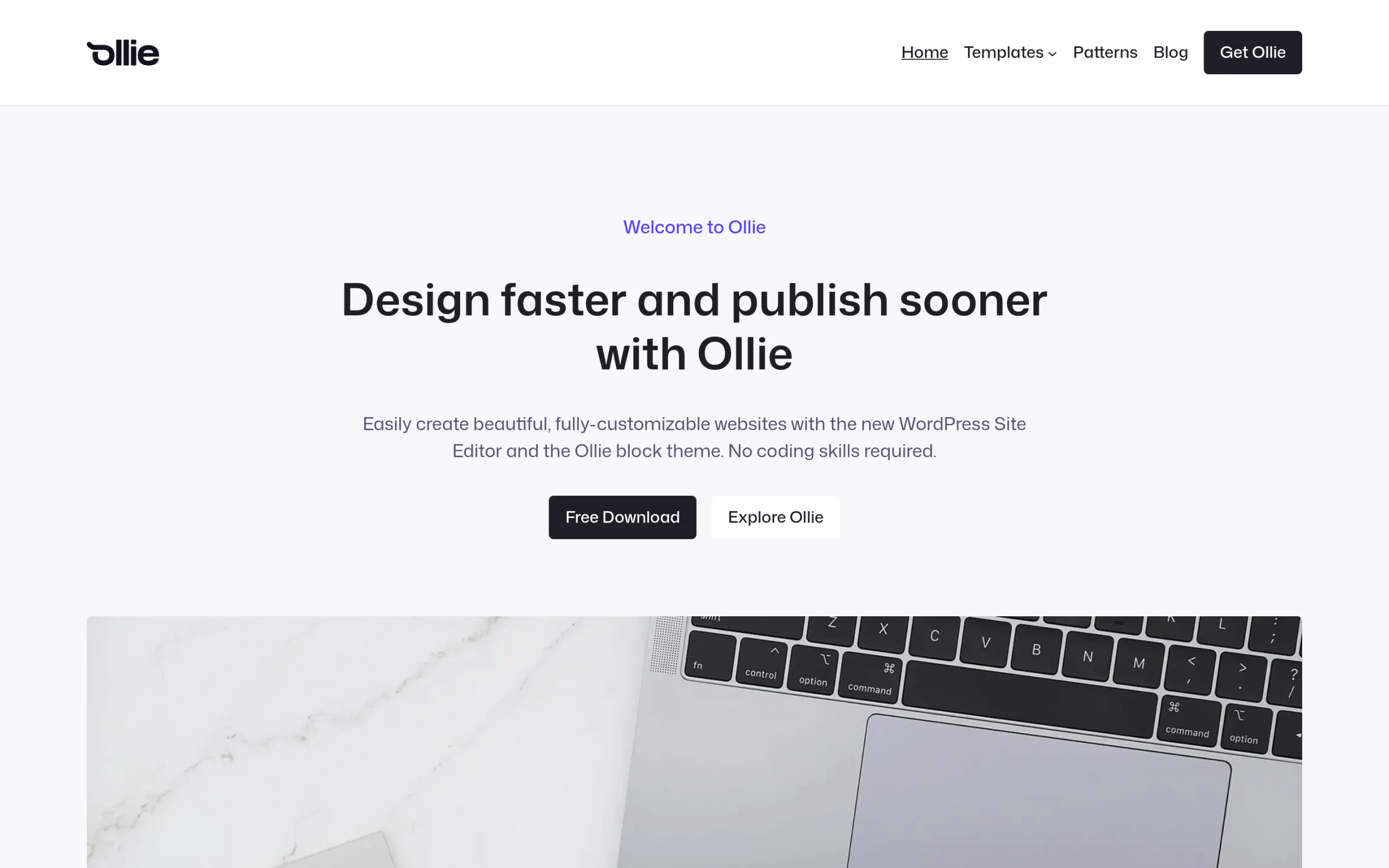 Ollie theme demo homepage with the headline Design faster and publish sooner with Ollie and a Free Download button