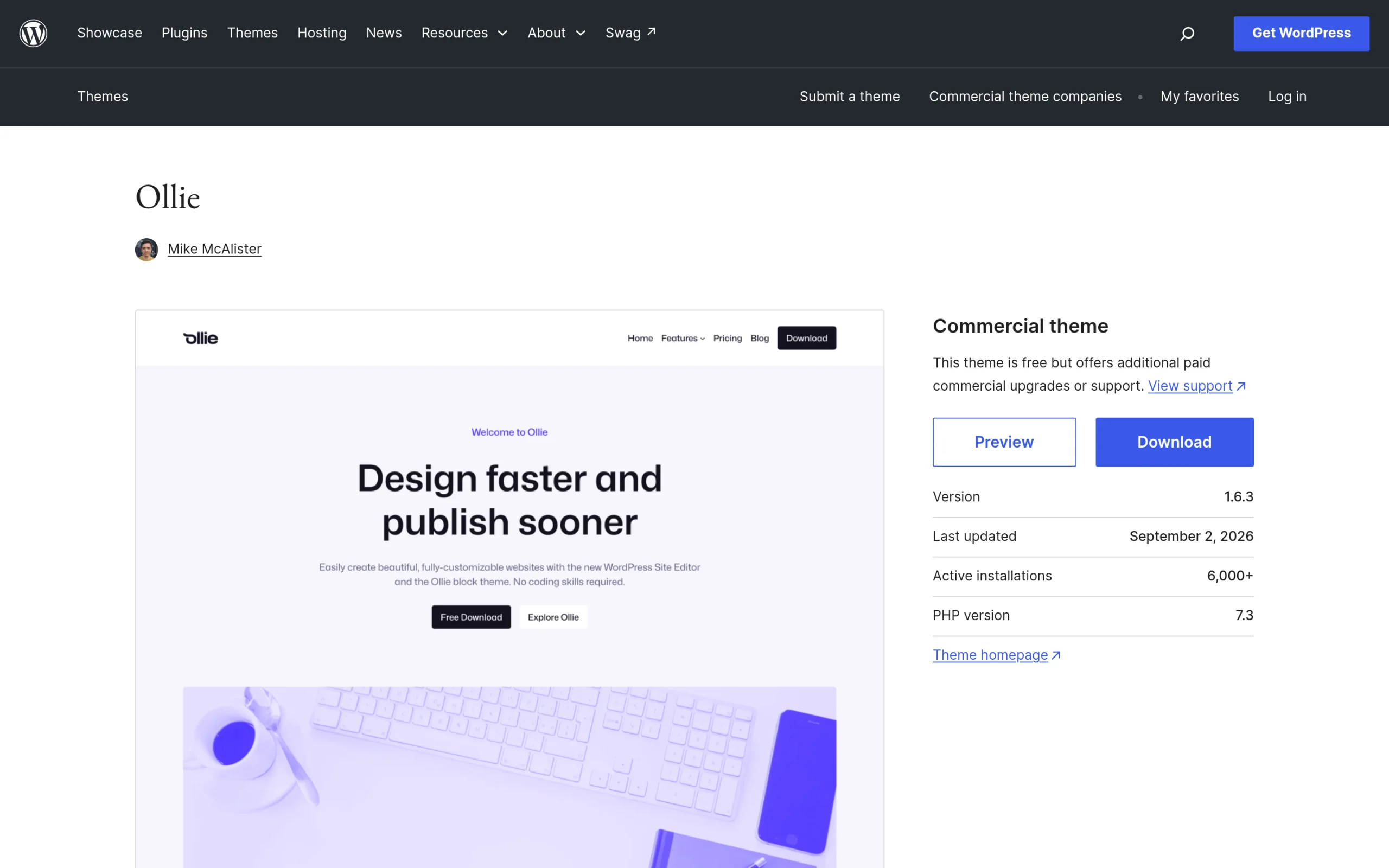 Ollie theme listing on WordPress.org showing version 1.6.3, last updated September 2, 2026, 6,000+ active installations and PHP 7.3