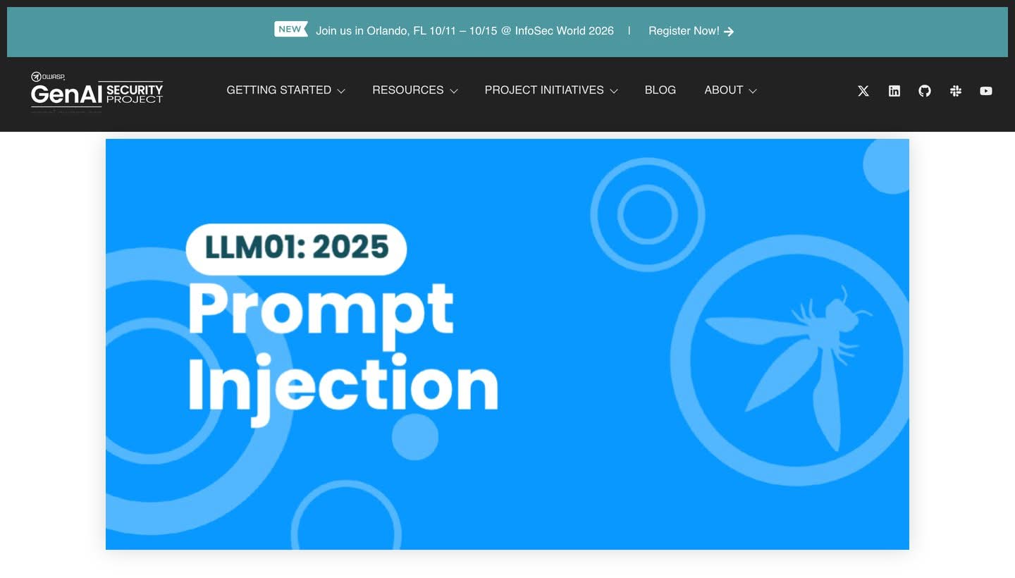 The OWASP LLM01 2025 entry ranking prompt injection first among risks to large language model applications