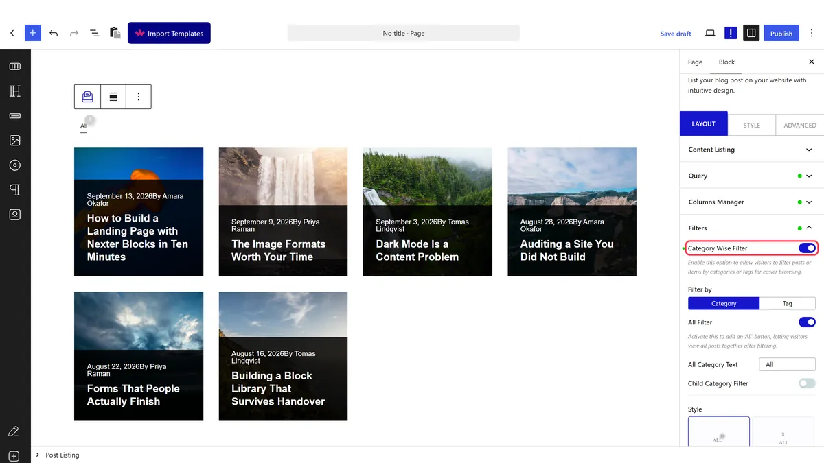 Enabling the category filter