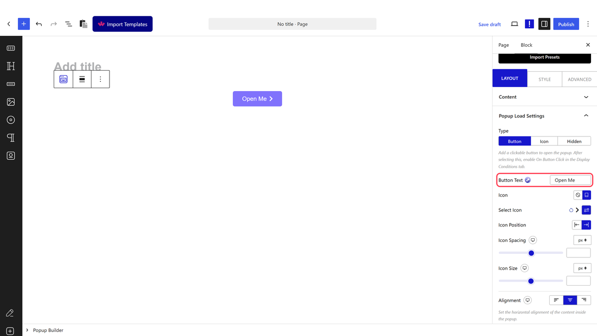 The Popup Load Settings panel with Button Text