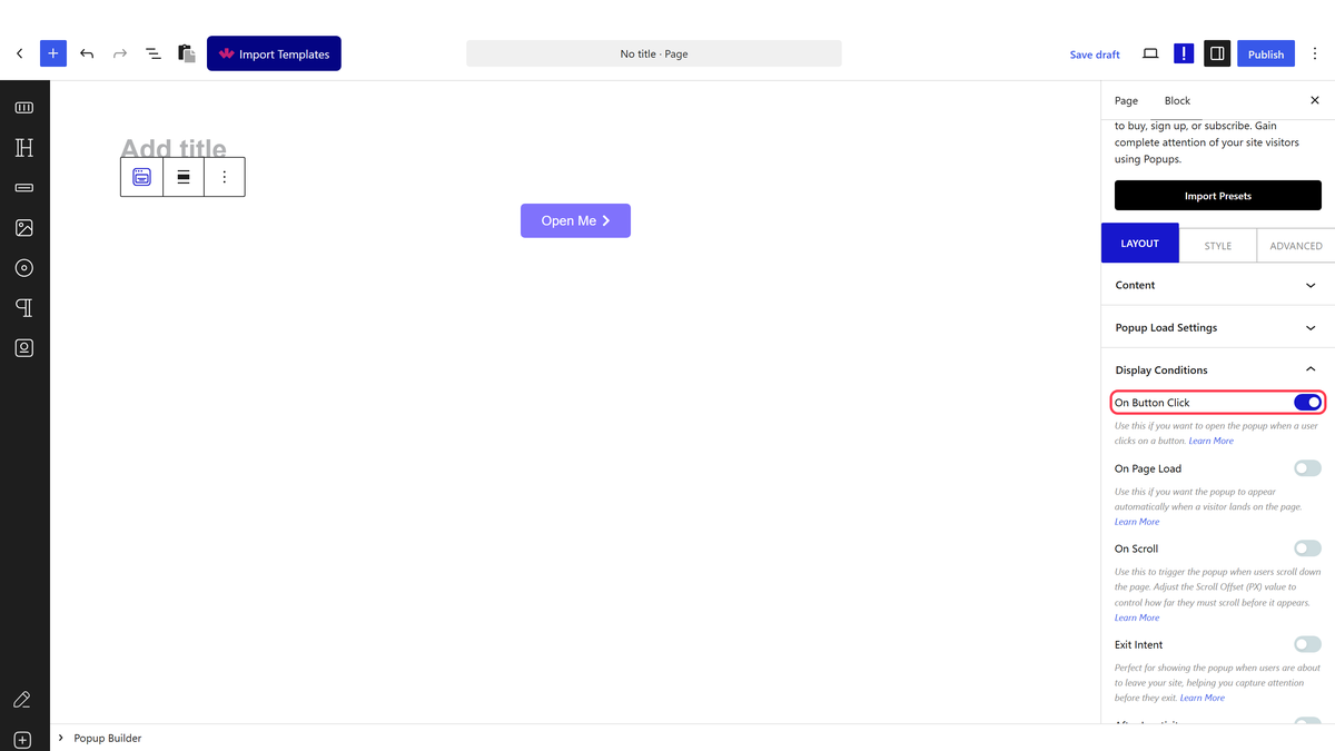 The Display Conditions panel with On Button Click