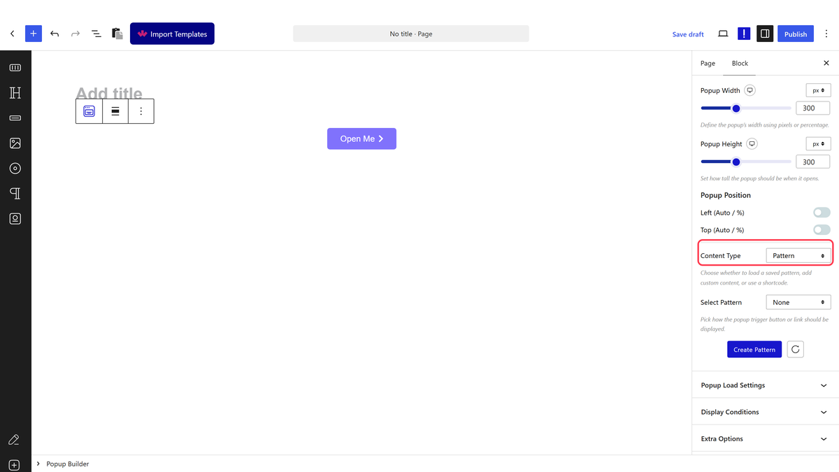 The Content Type setting with Pattern, Content, Editor and Shortcode