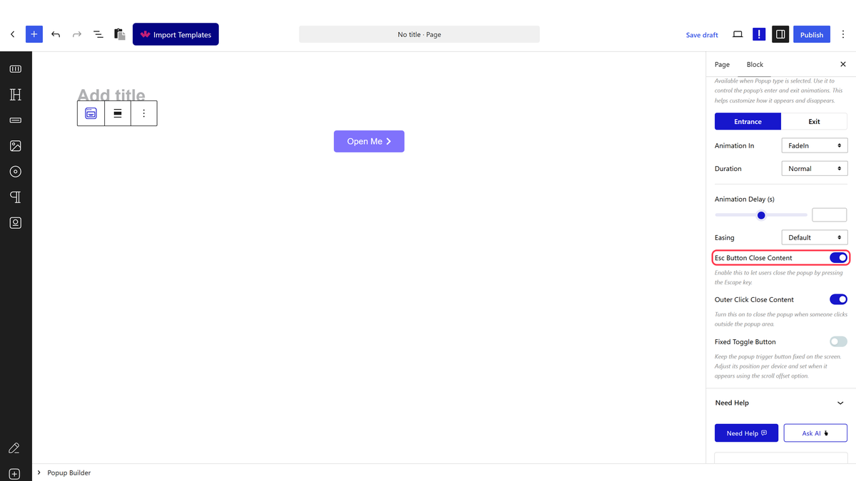 The Extra Options panel with Esc Button Close Content
