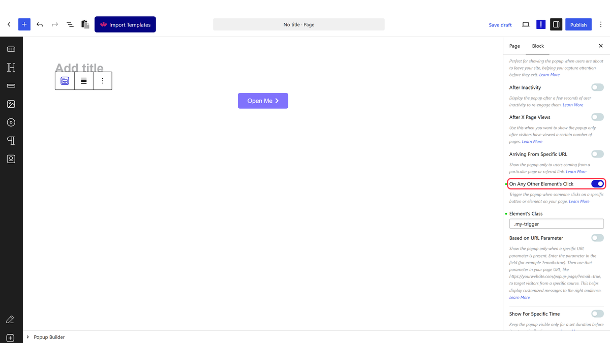 The Display Conditions panel with On Any Other Element's Click and its selector field