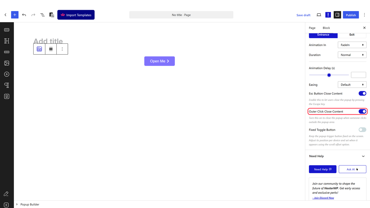 The Outer Click Close Content setting