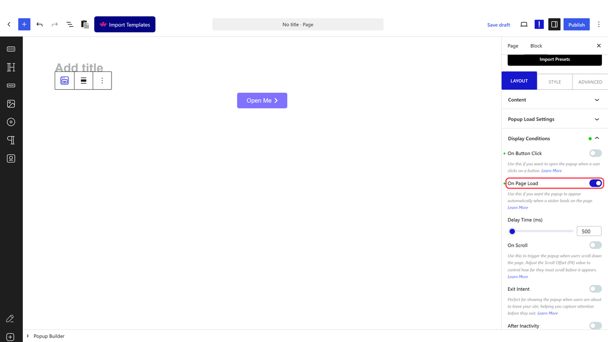 The Display Conditions panel with On Page Load switched on