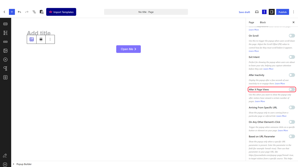 The Display Conditions panel with After X Page Views and its count field