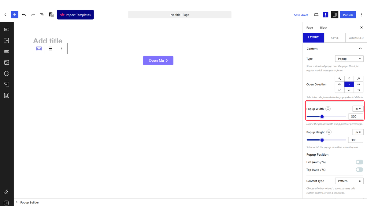 The Popup Width setting with its unit