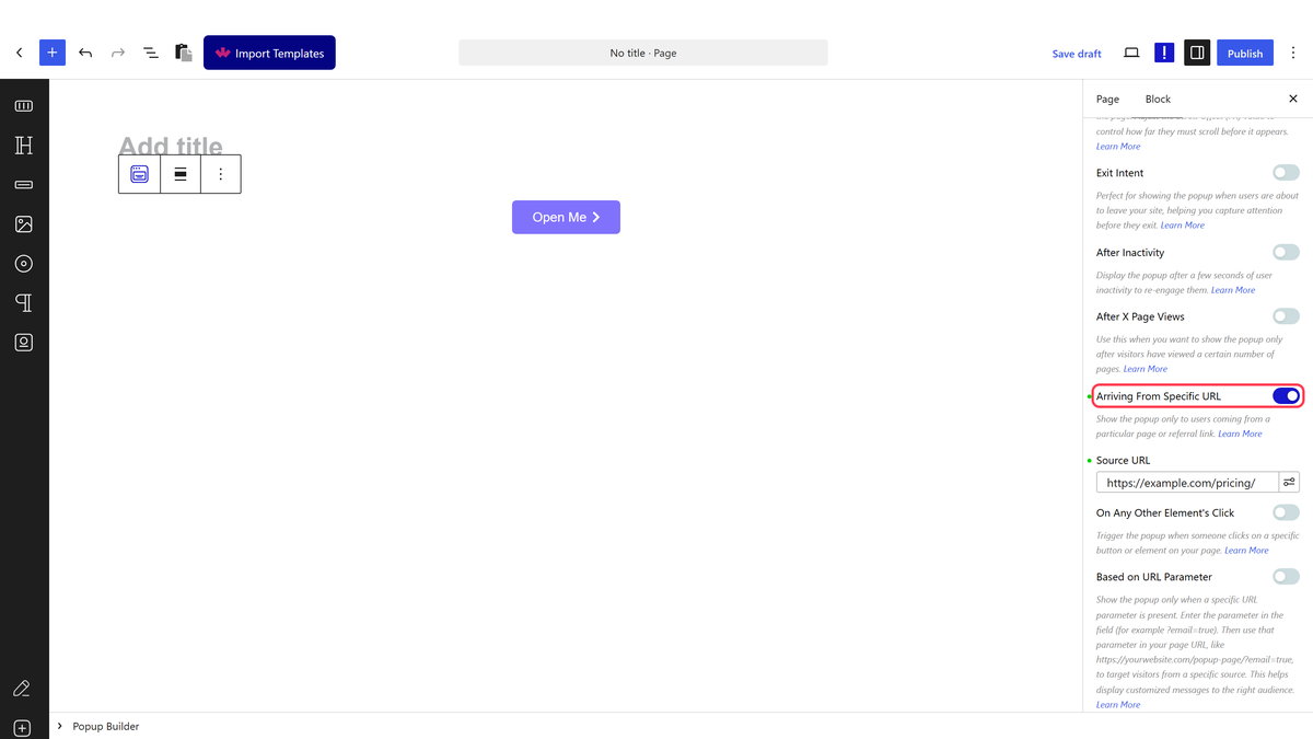 The Display Conditions panel with Arriving From Specific URL and its address field
