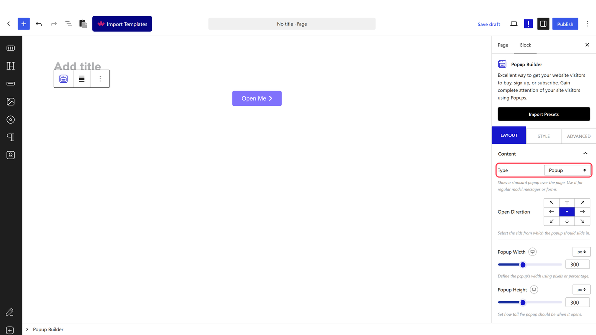 The Content panel with the Type setting