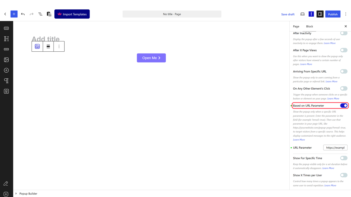 The Display Conditions panel with Based on URL Parameter and its URL field