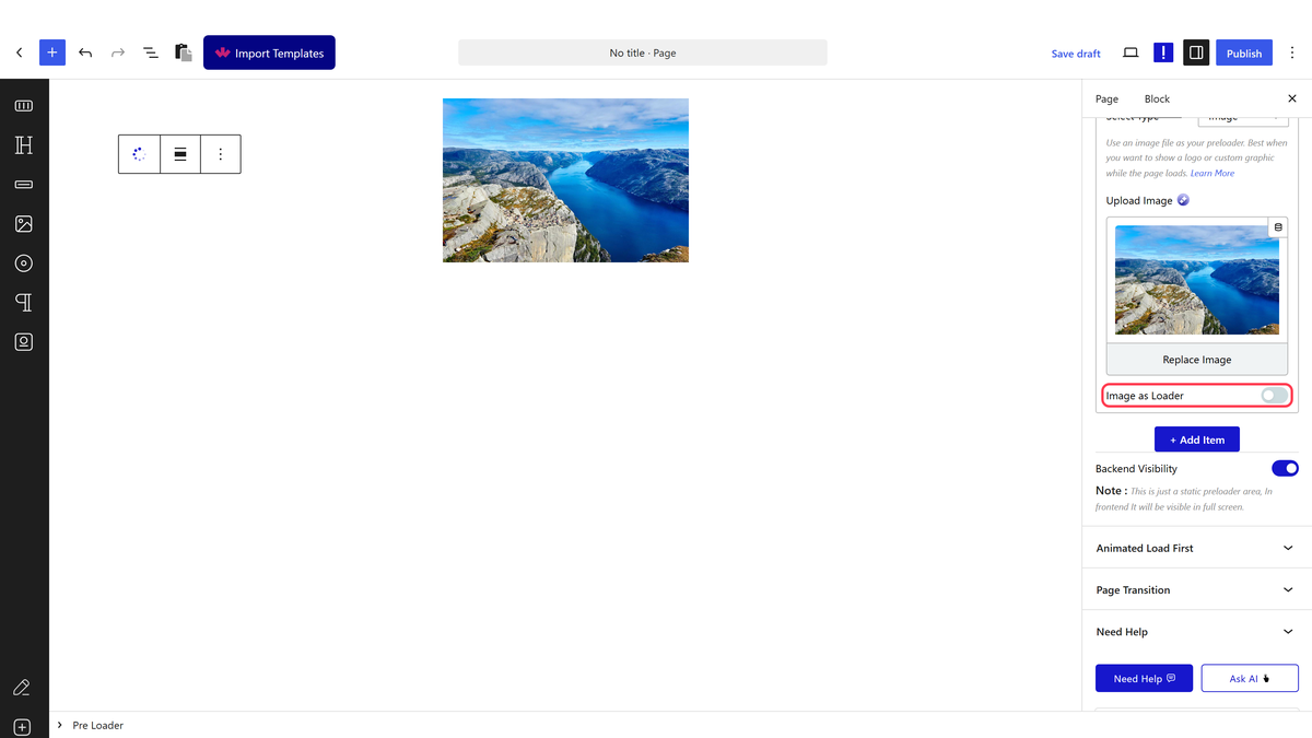A Pre Loader item with Select Type set to Image and the image chosen