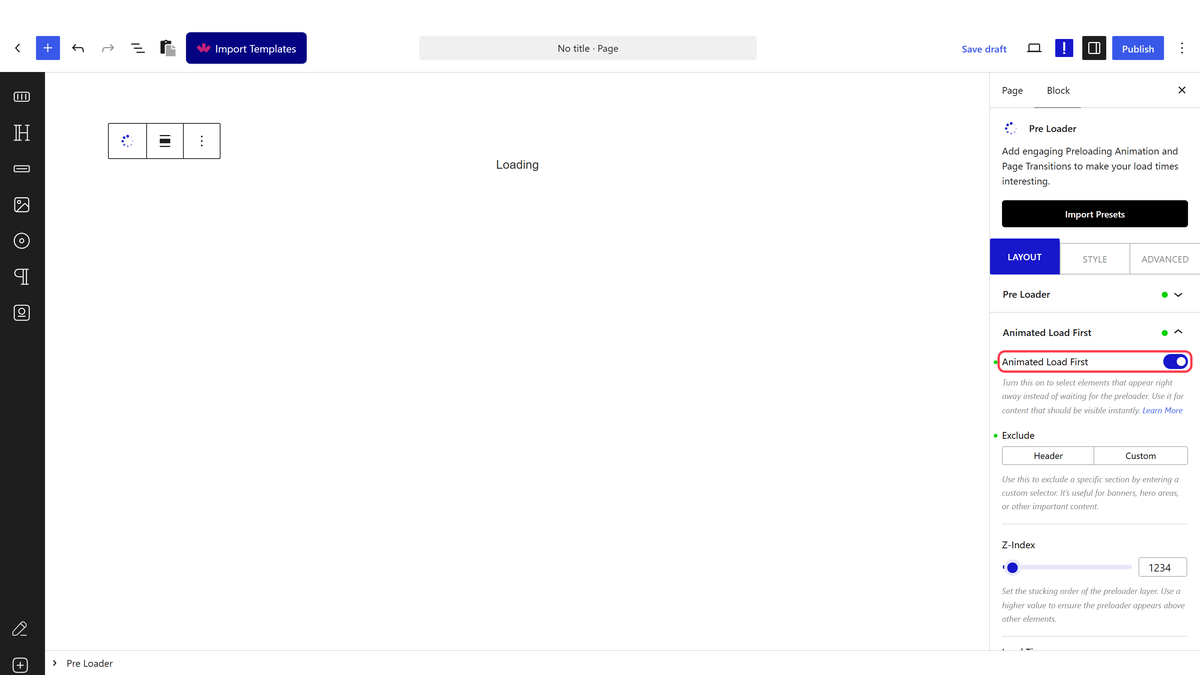 The Animated Load First panel with its exclude field