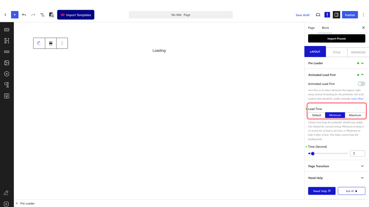 The Load Time setting with Default, Minimum and Maximum