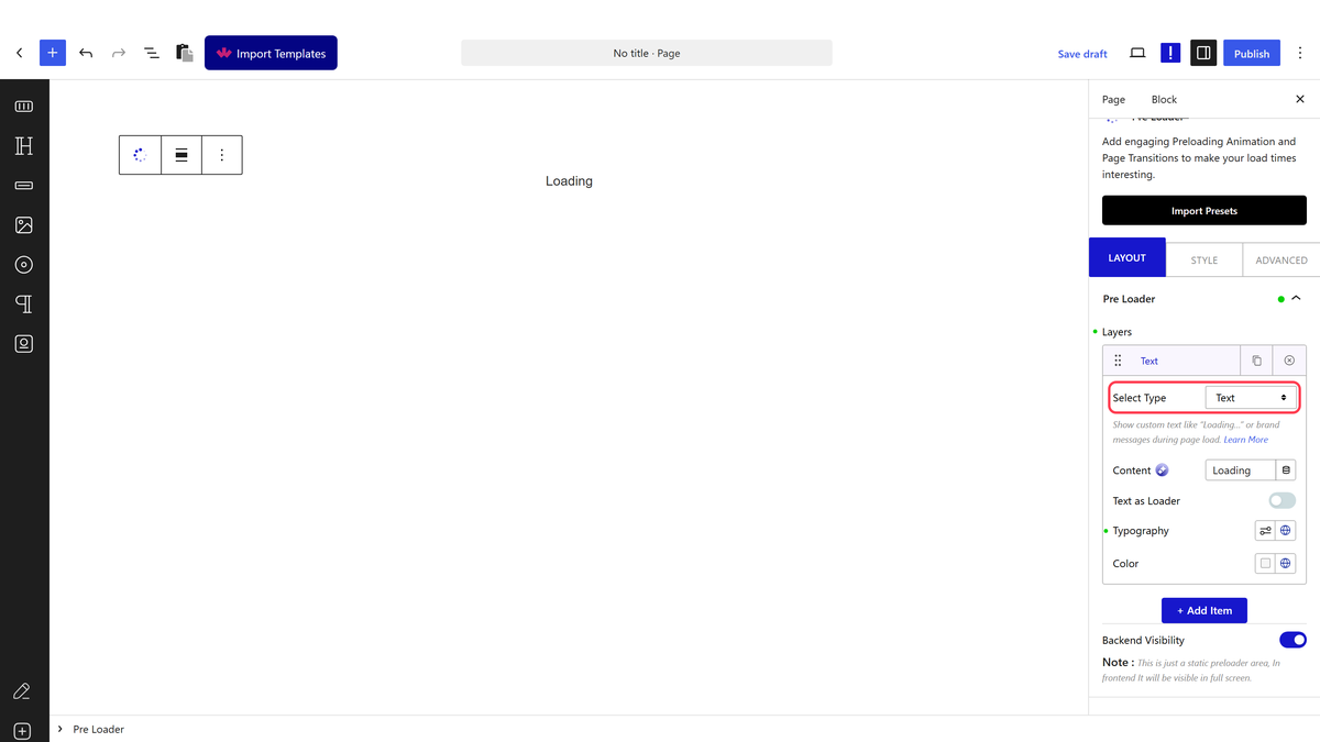 The Select Type dropdown on a Pre Loader item