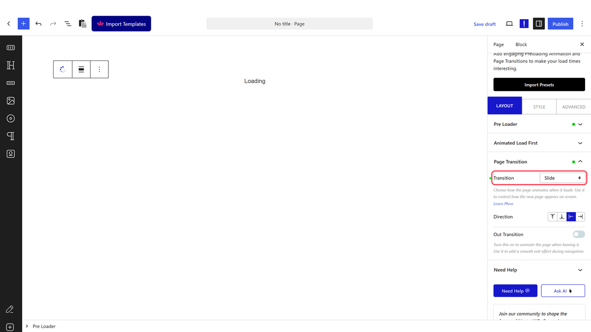 The Page Transition panel with the Transition dropdown