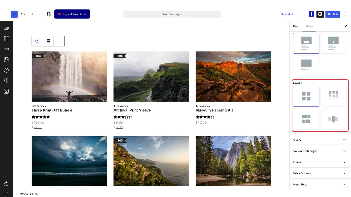 The Product Listing block