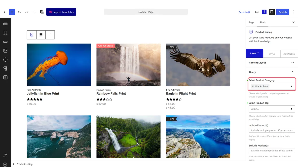 The Product Listing block