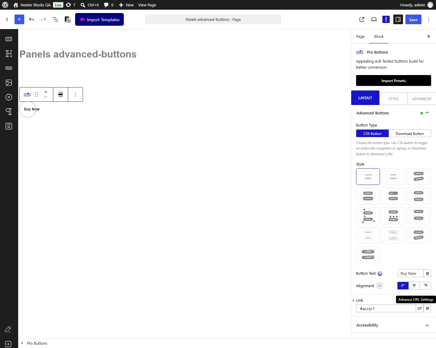 Pro Buttons block settings with the Link field set to #accor1, an anchor link to an accordion item