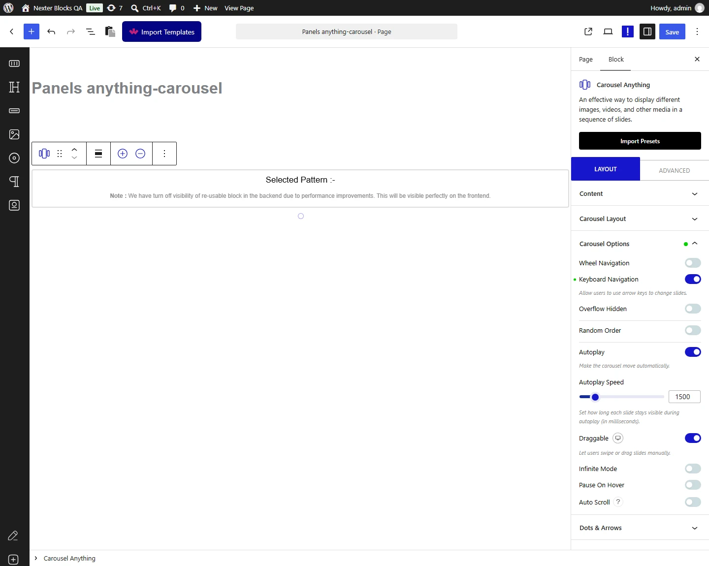 Carousel Anything block, Carousel Options panel with Keyboard Navigation switched on