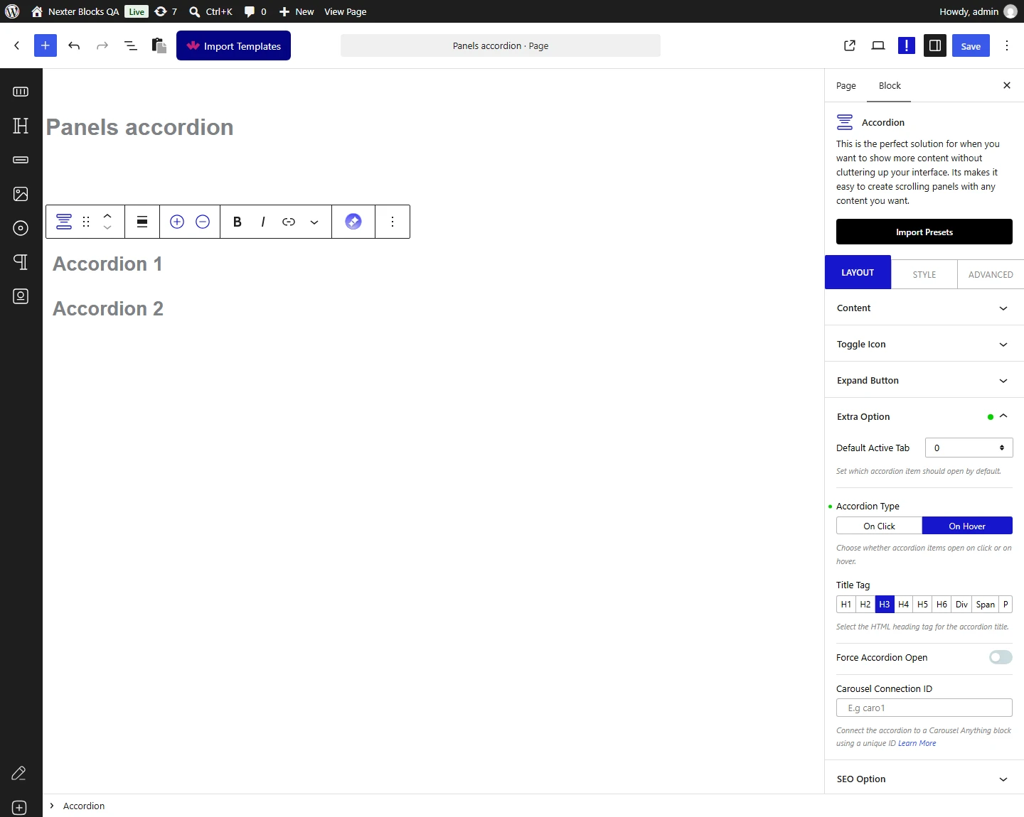 Accordion block, Extra Option panel with the Carousel Connection ID field