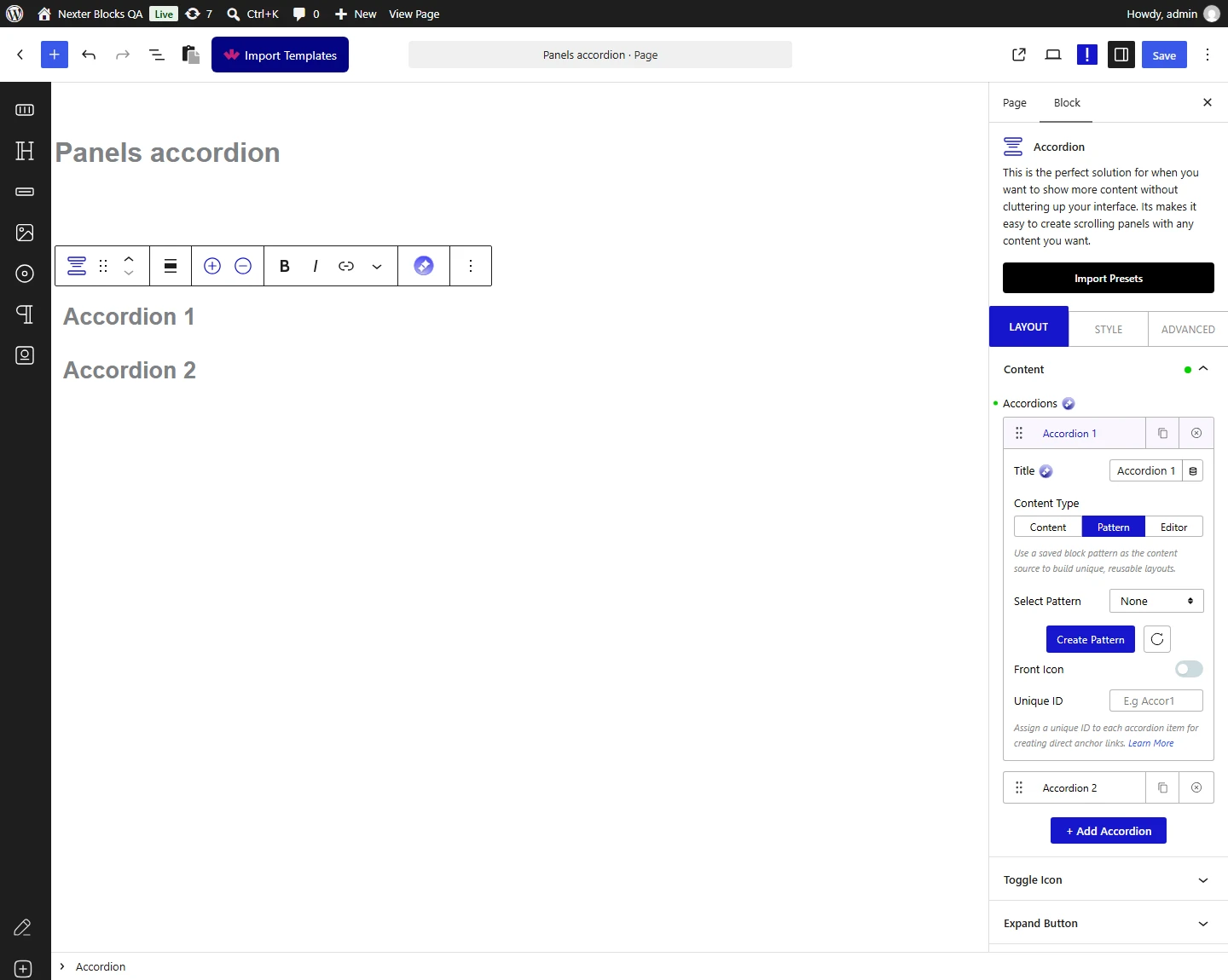 Accordion block, Content panel with the first item open, Content Type set to Pattern, the Select Pattern menu and Create Pattern button