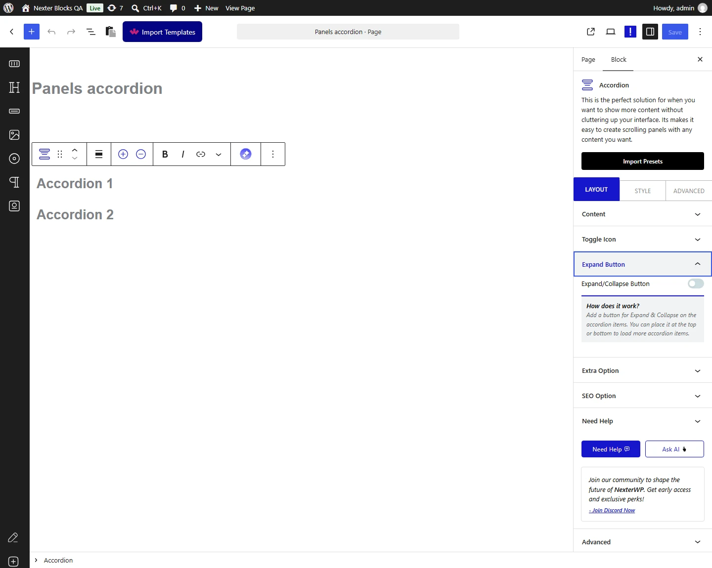 Accordion block, Expand Button panel in the Layout tab