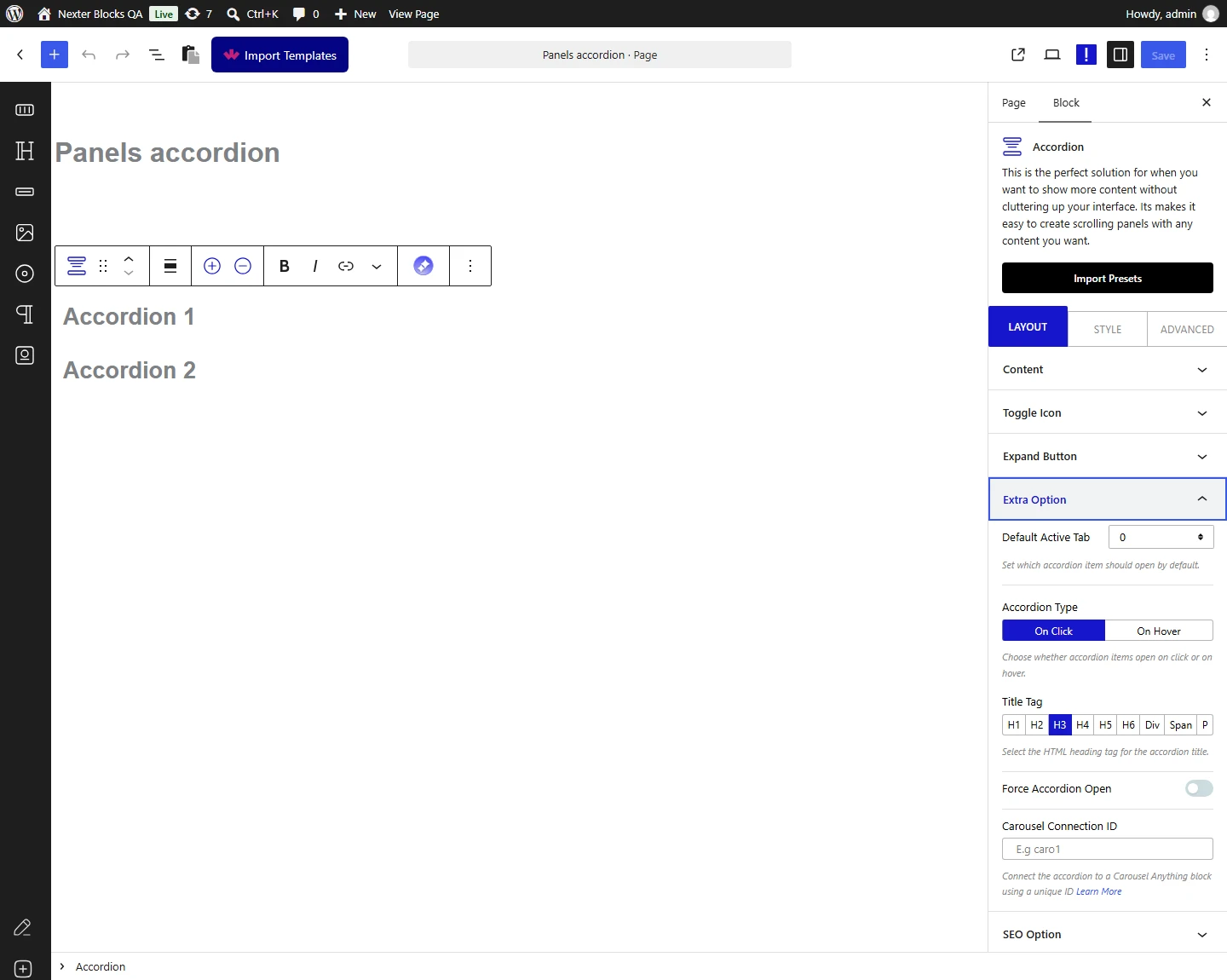 Accordion block, Extra Option panel in the Layout tab