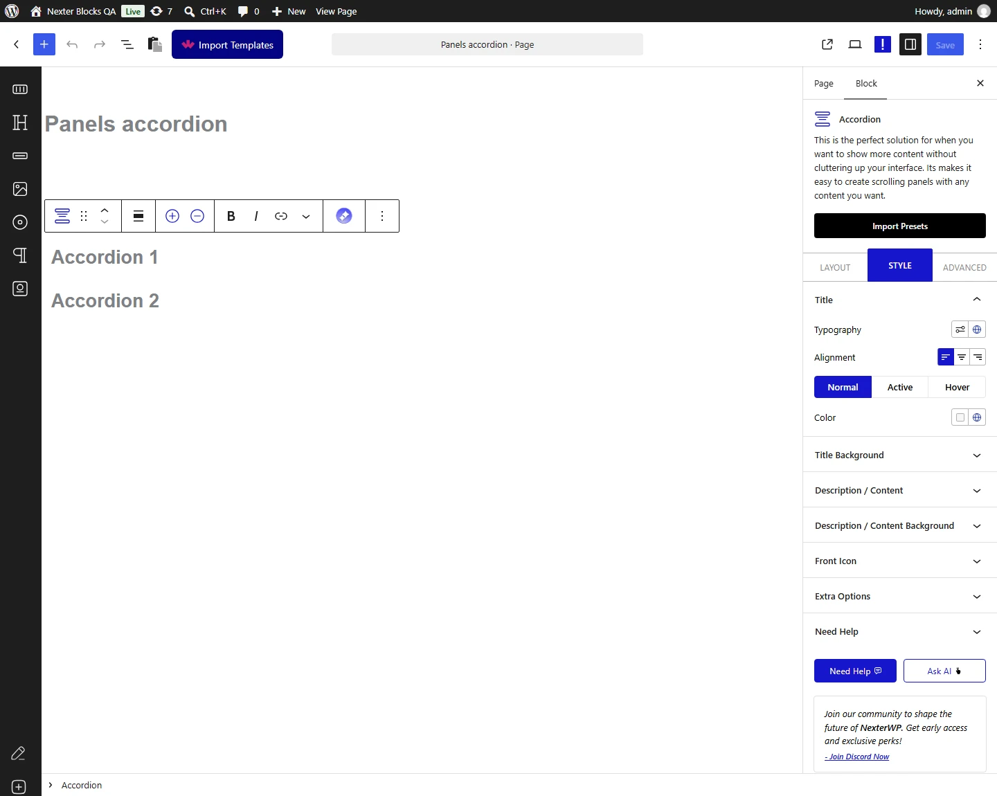 Accordion block, Title panel in the Style tab