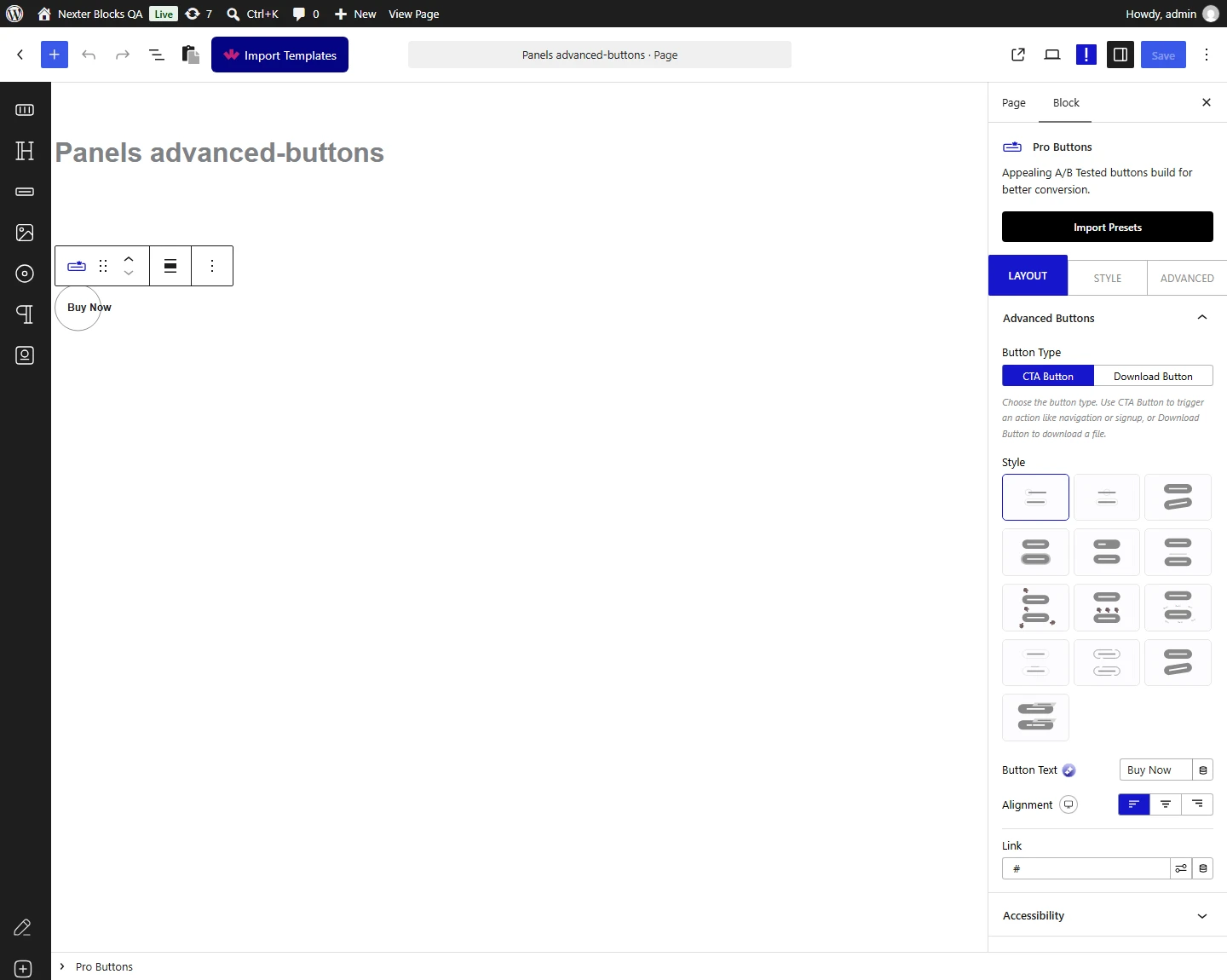 Pro Buttons block, Advanced Buttons panel in the Layout tab