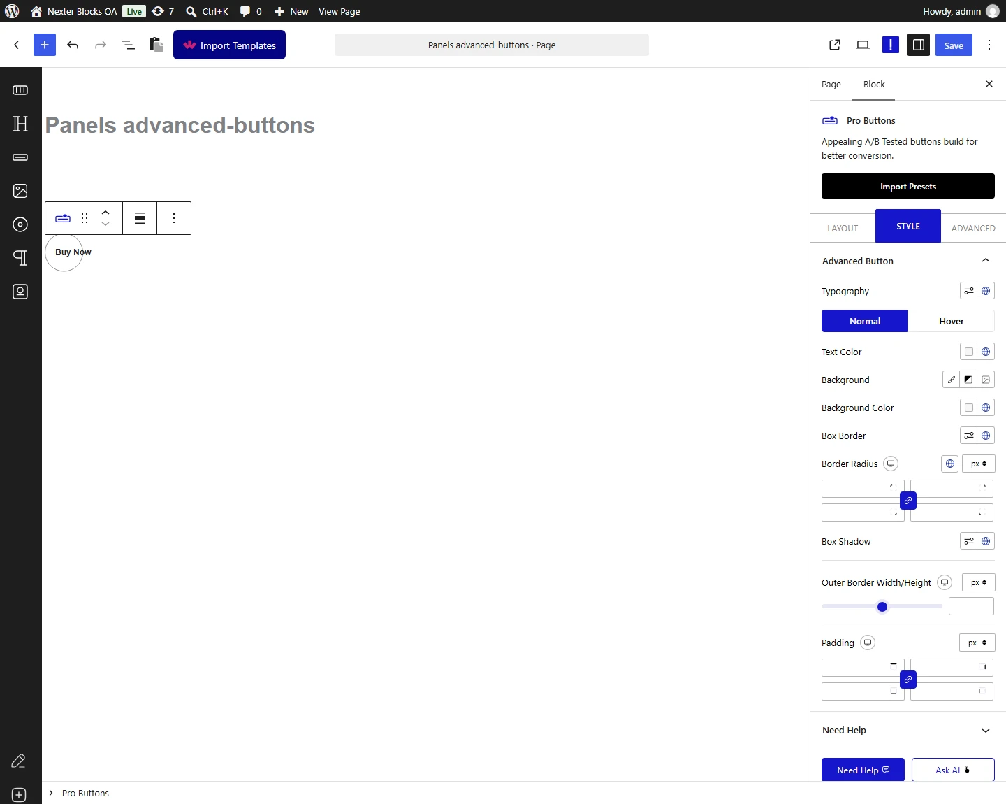 Pro Buttons block, Advanced Button panel in the Style tab