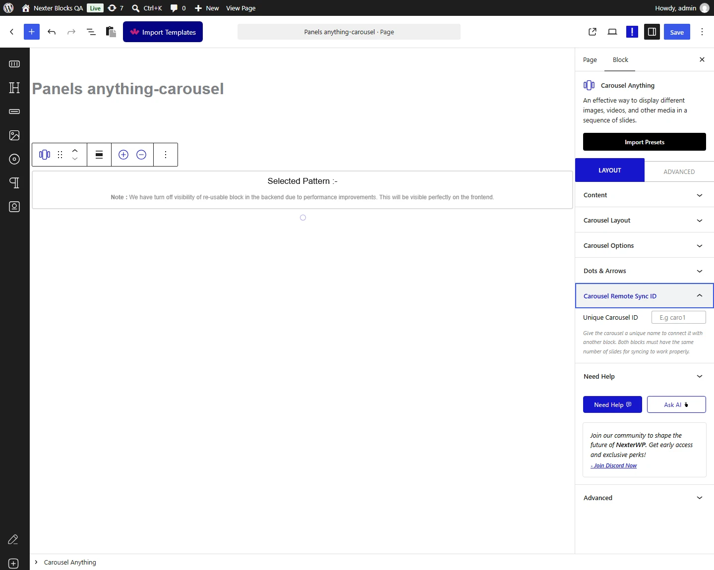 Carousel Anything block, Carousel Remote Sync Id panel in the Layout tab