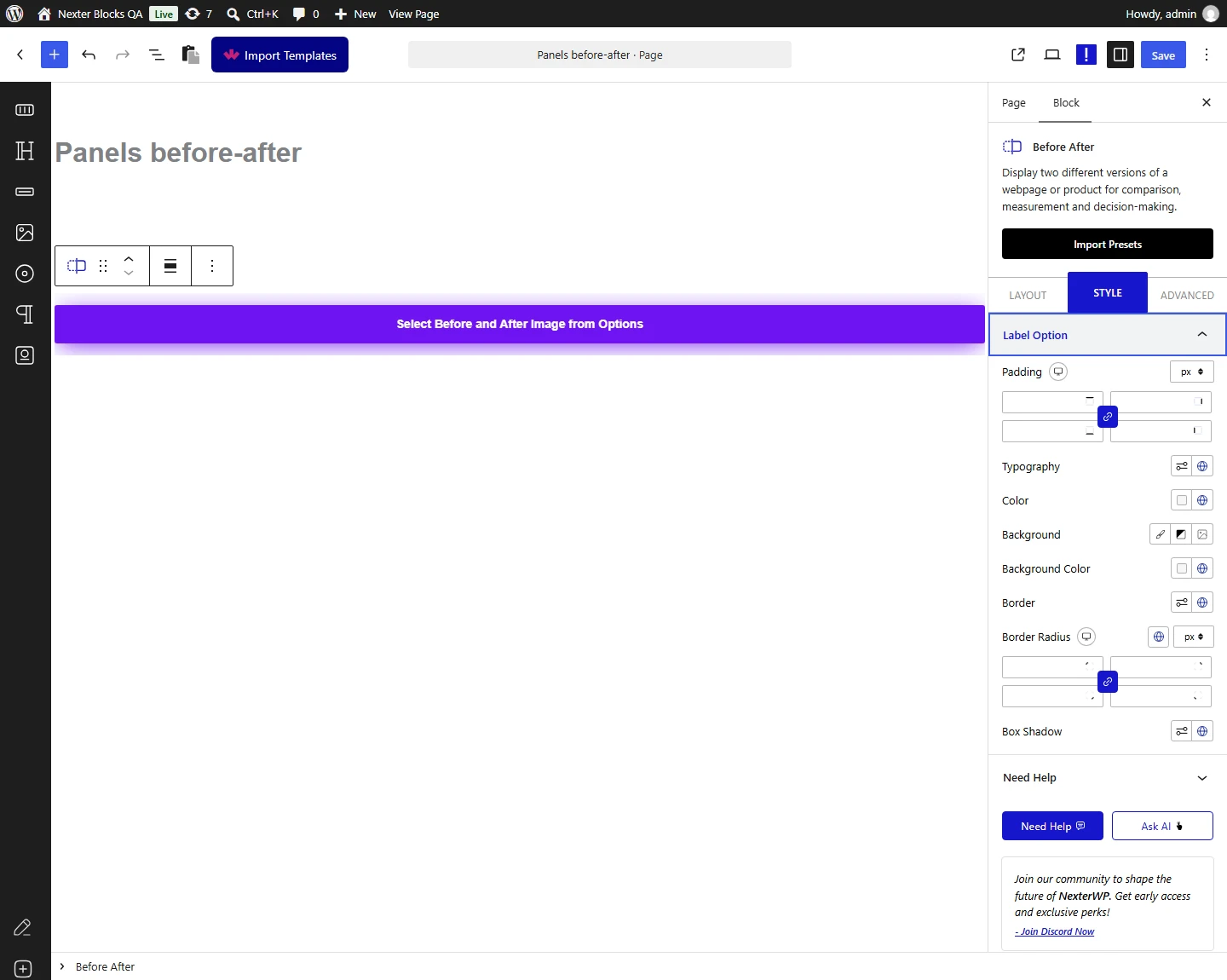 Before/After Image Comparison block, Label Option panel in the Style tab