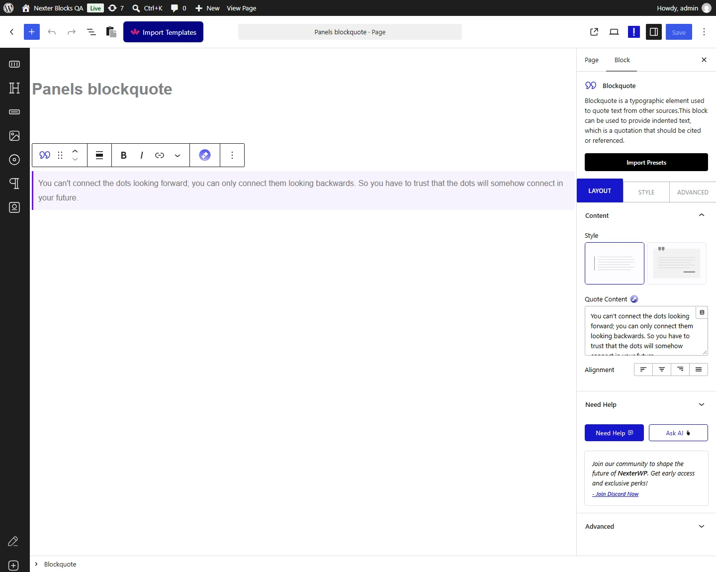 Blockquote block, Content panel in the Layout tab