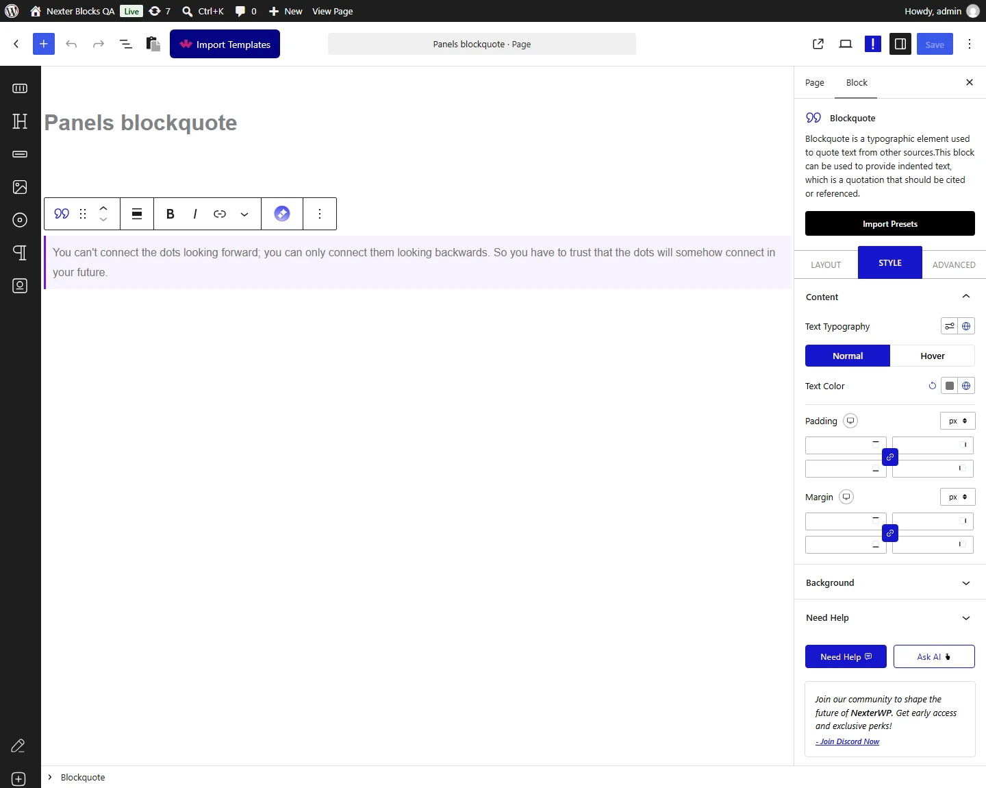 Blockquote block, Content panel in the Style tab