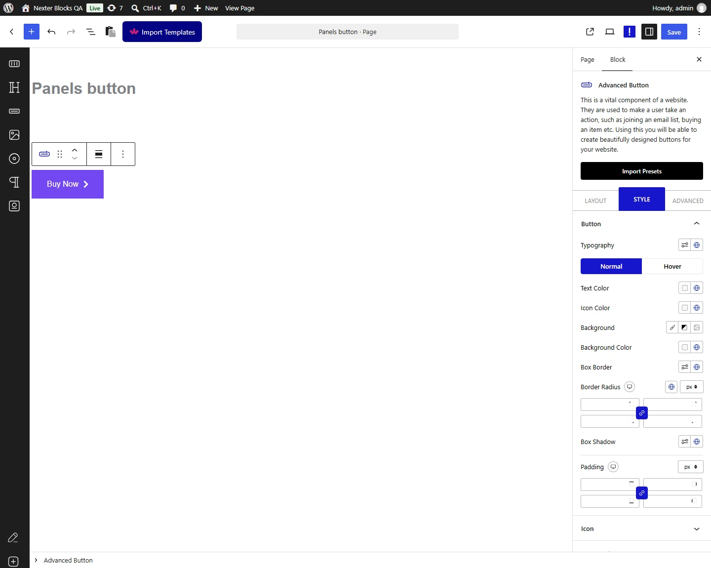 Button block, Button panel in the Style tab